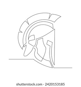 Continuous single line sketch drawing of knight warrior sparta helmet mask. One line art of ancient military soldier armor greek roman vector illustration