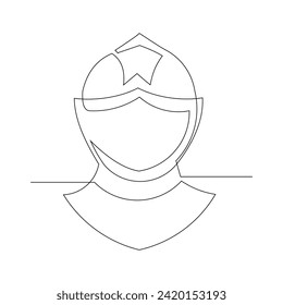 Continuous single line sketch drawing of knight warrior sparta helmet mask. One line art of ancient military soldier armor greek roman vector illustration