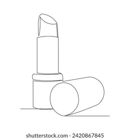 Continuous single line sketch drawing of lipstick makeup cosmetic. One line art of beauty woman skin care fashion collection vector illustration