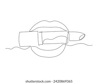 Continuous single line sketch drawing of beautiful woman lips painted with lipstick make up skin care. One line art of cosmetic collection vector illustration