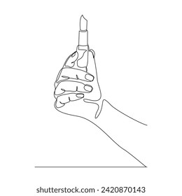 Continuous single line sketch drawing of beautiful woman hand holding lipstick make up skin care. One line art of cosmetic collection vector illustration