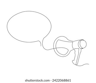 Continuous single line sketch drawing of megaphone speaker with bubble chat. One line art of sound tool equipment vector illustration