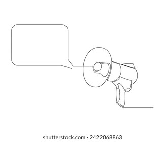 Esbozo continuo de una sola línea del altavoz megáfono con el chat de burbujas. Ilustración vectorial de un equipo de herramienta de sonido
