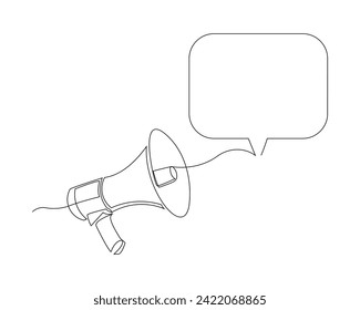 Continuous single line sketch drawing of megaphone speaker with bubble chat. One line art of sound tool equipment vector illustration