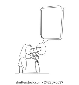 Dibujo continuo de una sola línea de una mujer sosteniendo un altavoz megáfono con una charla de burbujas. Ilustración vectorial de un equipo de herramienta de sonido