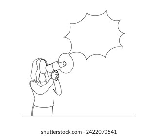 Dibujo continuo de una sola línea de una mujer sosteniendo un altavoz megáfono con una charla de burbujas. Ilustración vectorial de un equipo de herramienta de sonido
