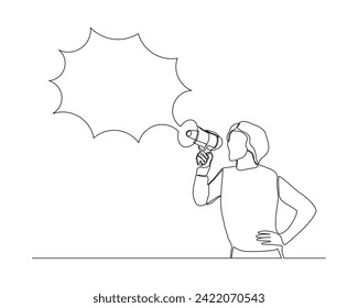 Continuous single line sketch drawing of woman holding megaphone speaker with bubble chat. One line art of sound tool equipment vector illustration