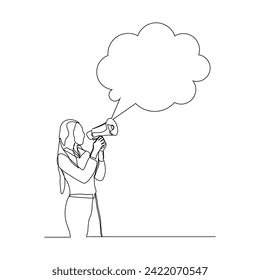 Continuous single line sketch drawing of woman holding megaphone speaker with bubble chat. One line art of sound tool equipment vector illustration