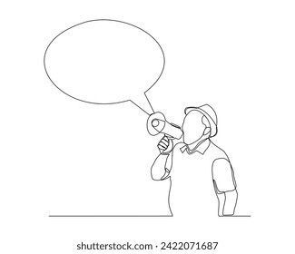 Continuous single line sketch drawing of man holding megaphone speaker with bubble chat. One line art of sound tool equipment vector illustration