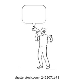 Continuous single line sketch drawing of man holding megaphone speaker with bubble chat. One line art of sound tool equipment vector illustration