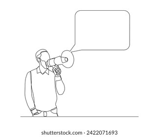 Esbozo continuo de una línea de dibujo de un hombre sosteniendo un altavoz megáfono con una charla de burbujas. Ilustración vectorial de un equipo de herramienta de sonido