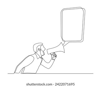 Continuous single line sketch drawing of man holding megaphone speaker with bubble chat. One line art of sound tool equipment vector illustration