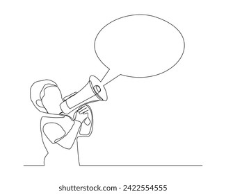 Continuous single line sketch drawing of kid boy holding megaphone speaker with bubble chat. One line art of sound tool equipment vector illustration