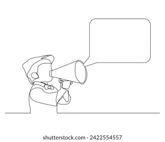Kontinuierliche Zeichnung eines kleinen Jungen, der einen Megaphonlautsprecher mit Blasenkatalog hält. Eine Linie Kunst der Audioausrüstung, Vektorgrafik