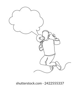 Continuous single line sketch drawing of kid girl holding megaphone speaker with bubble chat. One line art of sound tool equipment vector illustration