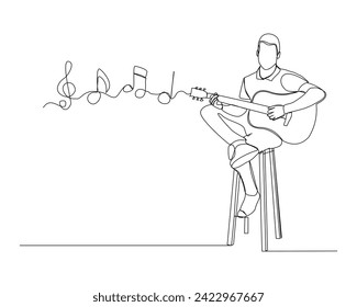 Continuous single line sketch drawing of a man playing guitar with music notes key. One line art of musician guitarist vector illustration