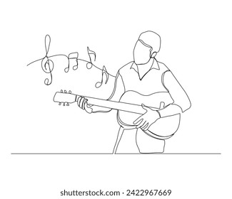 Continuous single line sketch drawing of a man playing guitar with music notes key. One line art of musician guitarist vector illustration