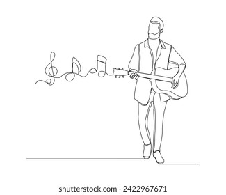 Continuous single line sketch drawing of a man playing guitar with music notes key. One line art of musician guitarist vector illustration