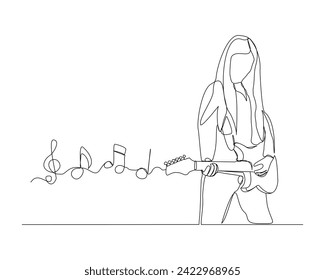 Continuous single line sketch drawing of a woman playing guitar with music notes key. One line art of musician guitarist vector illustration