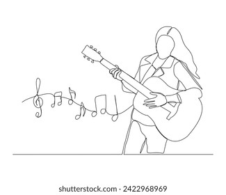 Dibujo continuo de una sola línea de una mujer tocando la guitarra con la tecla de notas musicales. Una línea de arte de la guitarrista musical ilustración vectorial