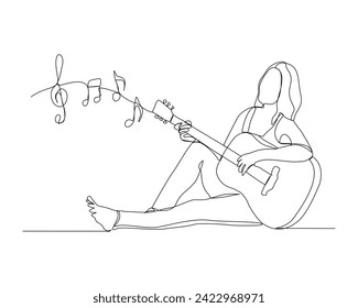 Dibujo continuo de una sola línea de una mujer tocando la guitarra con la tecla de notas musicales. Una línea de arte de la guitarrista musical ilustración vectorial