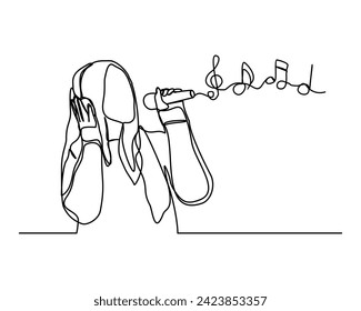 Continuous single line sketch drawing of beautiful young woman sing a song karaoke with microphone and music notes key. One line art of musician singer vector illustration