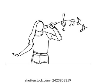 Continuous single line sketch drawing of beautiful young woman sing a song karaoke with microphone and music notes key. One line art of musician singer vector illustration