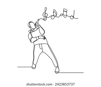 Kontinuierliche Zeichnung eines schönen jungen Mannes, der ein Liedkaraoke mit Mikrofon und Tontonschlüssel singen kann. Eine Linie Kunst des Musikersängers, Vektorgrafik