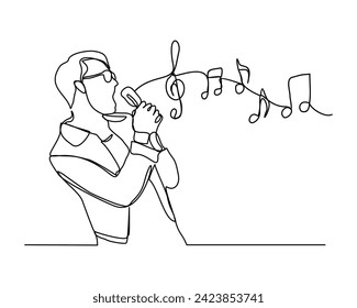 Continuous single line sketch drawing of beautiful young man sing a song karaoke with microphone and music notes key. One line art of musician singer vector illustration