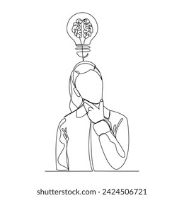 Continuous Single line sketch drawing of thinking woman and brain bulb idea. One line art of business woman thinking idea vector illustration