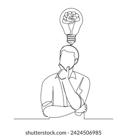 Continuous Single line sketch drawing of thinking woman and brain bulb idea. One line art of business woman thinking idea vector illustration