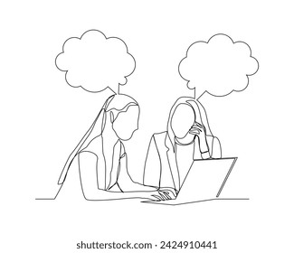 continuous single line sketch drawing of two women coworker talking something on laptop, bubble chat talk. One line art of office worker employee vector illustration