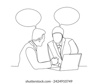 continuous single line sketch drawing of two man coworker talking something on laptop, bubble chat talk. One line art of office worker employee vector illustration