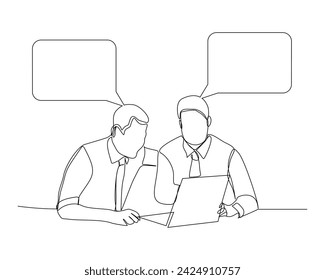 continuous single line sketch drawing of two man coworker talking something on laptop, bubble chat talk. One line art of office worker employee vector illustration