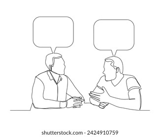 continuous single line sketch drawing of two man coworker talking something on laptop, bubble chat talk. One line art of office worker employee vector illustration