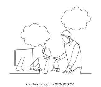 continuous single line sketch drawing of two man coworker talking something on laptop, bubble chat talk. One line art of office worker employee vector illustration