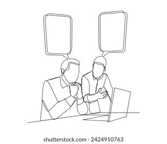 boceto continuo de una sola línea de dibujo de dos compañeros de trabajo hablando algo en el ordenador portátil, charla de burbuja. Una línea de arte de la ilustración vectorial de empleado de oficina