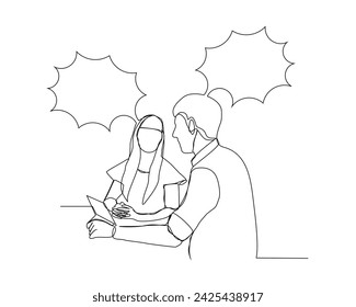 Continuous single line sketch drawing of two man and woman coworker talking something on laptop, bubble chat talk. One line art of office worker employee vector illustration