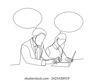 Continuous single line sketch drawing of two man and woman coworker talking something on laptop, bubble chat talk. One line art of office worker employee vector illustration