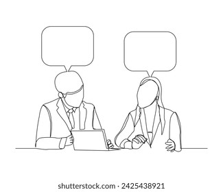 Continuous single line sketch drawing of two man and woman coworker talking something on laptop, bubble chat talk. One line art of office worker employee vector illustration