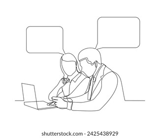 Continuous single line sketch drawing of two man and woman coworker talking something on laptop, bubble chat talk. One line art of office worker employee vector illustration