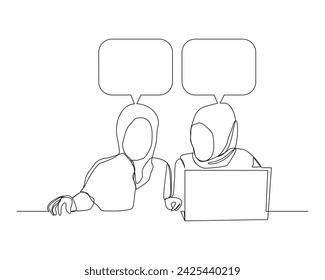 Continuous single line sketch drawing of muslim islamic woman hijab scarf coworker talking something on laptop, bubble chat talk. One line art of office worker employee vector illustration