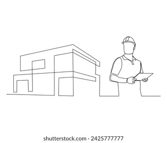 Continuous single line sketch drawing of construction worker with blueprint paper and house home real estate. One line art of architect holding design paper of building vector illustration.