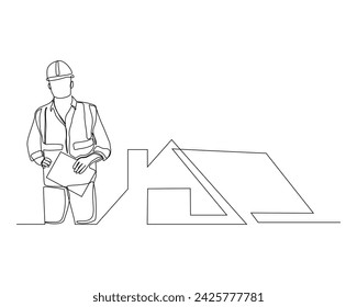 Continuous single line sketch drawing of construction worker with blueprint paper and house home real estate. One line art of architect holding design paper of building vector illustration.