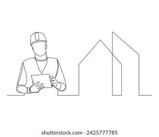 Continuous single line sketch drawing of construction worker with blueprint paper and house home real estate. One line art of architect holding design paper of building vector illustration.
