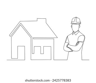 Continuous single line sketch drawing of building foreman worker and house home real estate. One line art of architect holding design paper of building vector illustration.