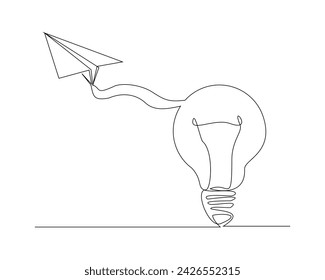 Continuous single line sketch drawing of light bulb and paper plane. One line art of startup business idea vector illustration