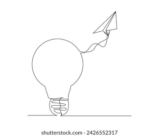 Continuous single line sketch drawing of light bulb and paper plane. One line art of startup business idea vector illustration