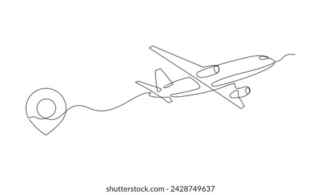 Continuous single line sketch drawing of airplane flying from maps pin pointer location. One line art of holiday travel tourism vector illustration