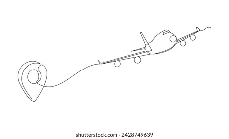 Continuous single line sketch drawing of airplane flying from maps pin pointer location. One line art of holiday travel tourism vector illustration